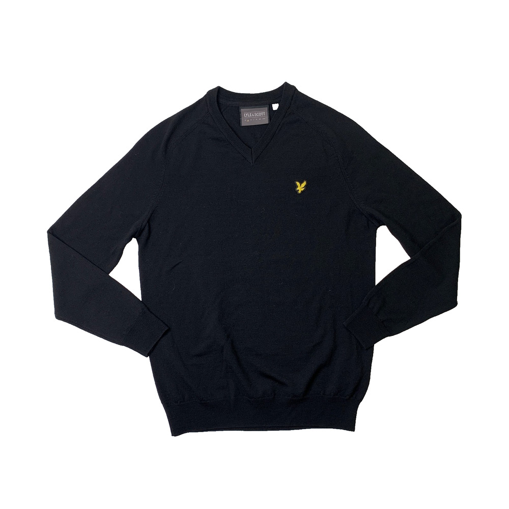 Lyle & Scott Sweater Mens S Small Black Merino Wool Knit V Neck Pullover Crew